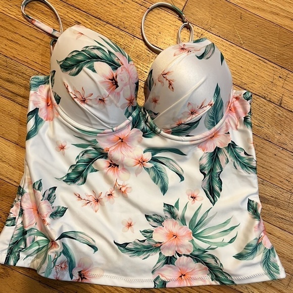 Tropical Floral Tankini Swim Top Womens White Pink Green Plunge Bustier L Raisin - Picture 2 of 4